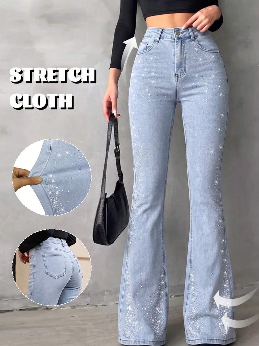 Celana Jeans Wanita Model Flare Pinggang Tinggi Warna Biru Muda dengan Hiasan Berlian Imitasi di Samping, Potongan Ramping, Menaikkan Tinggi Badan, Berkilau, Berhiaskan Berlian Imitasi, Elastis, Ketat, Panjang Hingga Lantai - Biru - View 1