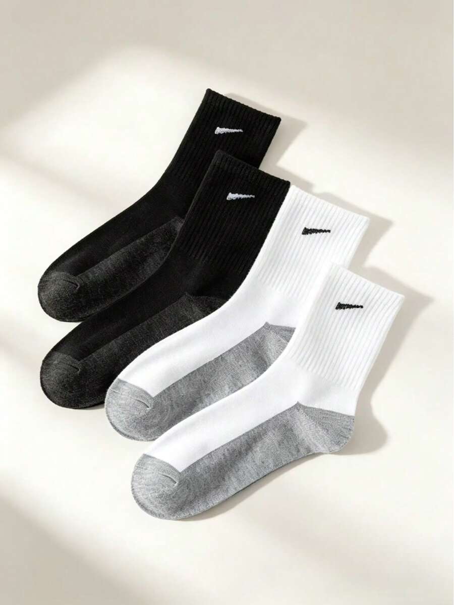 1/4 Pairs Men's Socks Set, Colorblock Mid-Calf Socks, Extra Thick Cushioned Moisture-Wicking Breathable Men's Short Socks, Ankle-Length Mid-Calf Socks With Cushioning - Multicolor - View 1