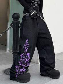 Hearty Haven 1件裝 美式大尺碼男士刺繡復古寬鬆寬腿休閒舒適百搭牛仔長褲 水洗款 不含腰帶與配件 - 黑色 - 查看 2