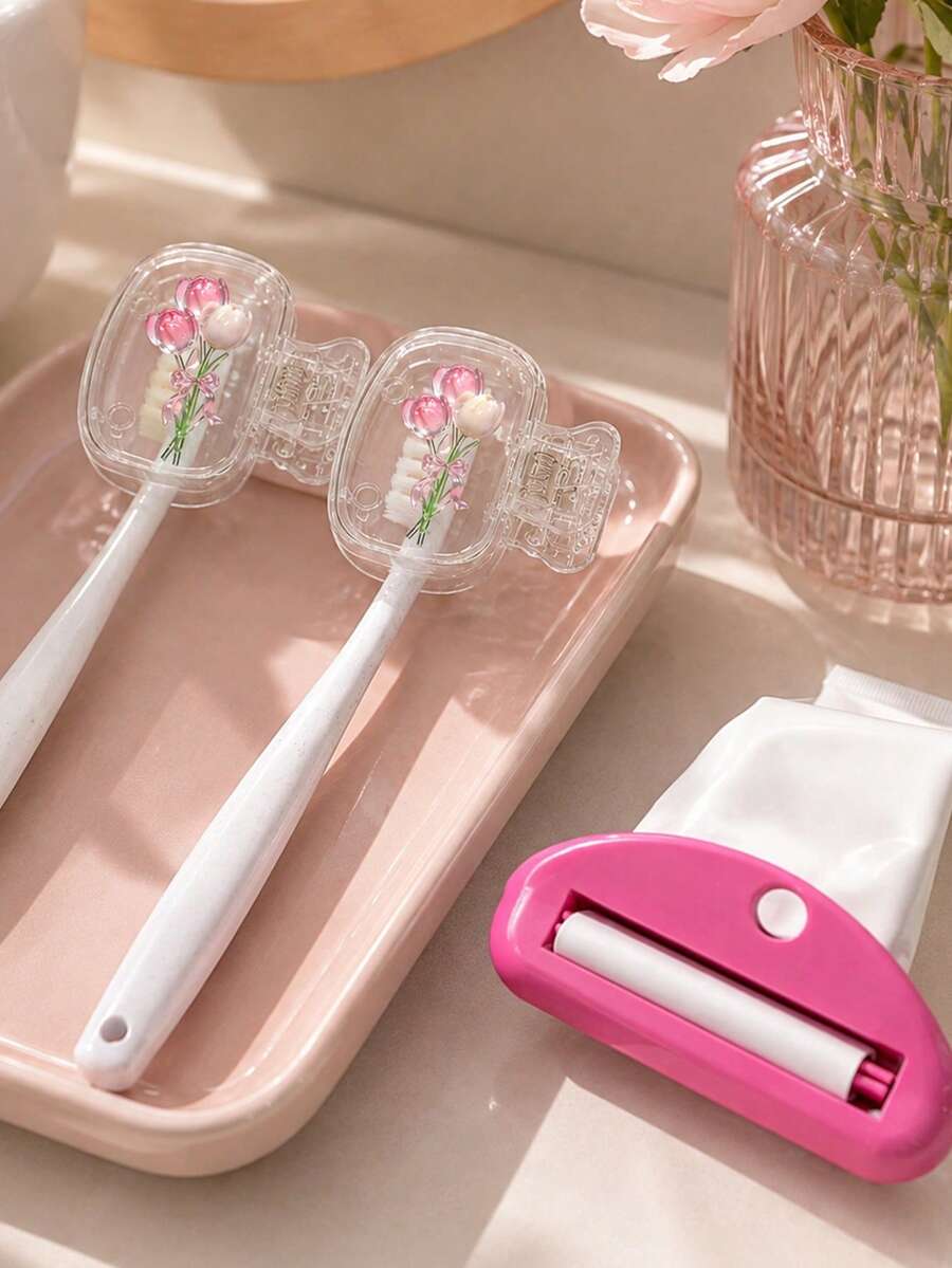 Tulip Pattern Portable Toothbrush Cover, Transparent Travel Toothbrush Storage Box, Portable Storage, Suitable As Gift For Couples, Friends, Family, Teachers, Travel Enthusiasts, Home, Dorm, Vacation Essential, Suitable For Birthday, Back To School, Wedding Accessory, Halloween, Christmas Occasions, Spring And Summer Essential