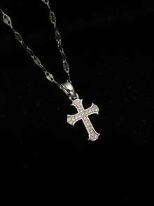 1Pc Dainty Cross Cubic Zirconia Pendant Necklace,14K Gold Plated Copper Pendant Stainless Steel Chain,Women Jewelry For Daily Wear Birthday Party Gift - Gold - View 12