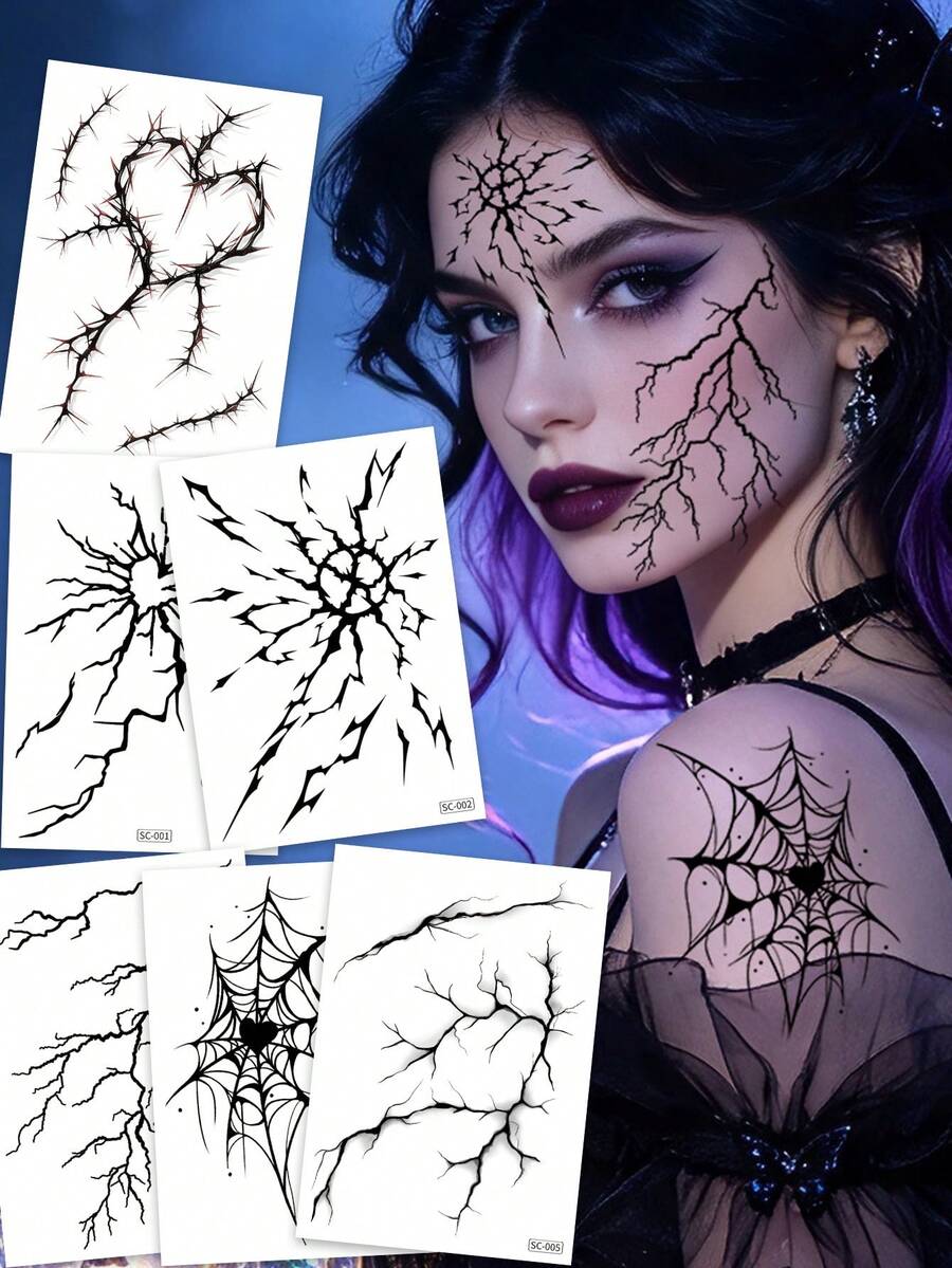 zillor 6 Hojas de Tatuajes Temporales de Venas de Sangre Negra de Halloween, Pegatinas Realistas de Vasos Negros, Grietas, Telaraña, Espinas para Cara y Body, Decoración de Maquillaje de Halloween para Mascarada, Broma, Cosplay, Discoteca, Festival de Música, Fiesta de Disfraces, Decoración de Recuerdos de Fiesta de Halloween - Negro - Ver 1