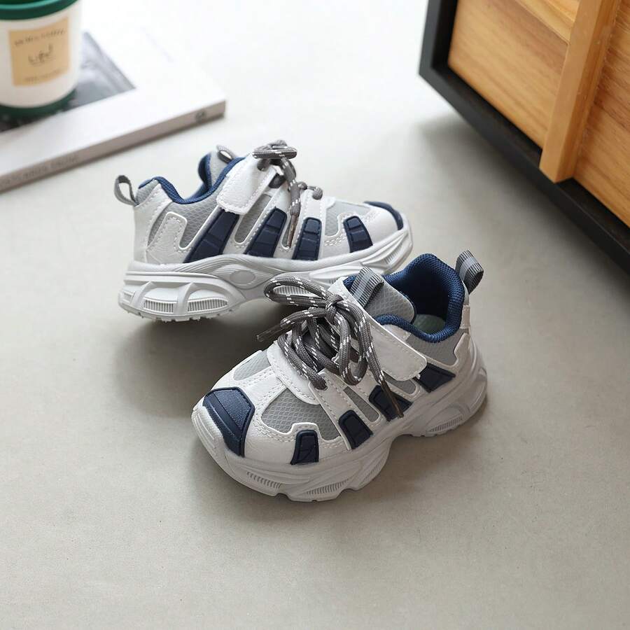 1 Pair Contrast Color Mesh Kids Chunky Sneakers, Soft Thick Sole Anti-Slip, Hook And Loop Closure Design, Lightweight And Breathable, Comfortable For Toddlers To Walk, Run And Jump - Blue - View 1
