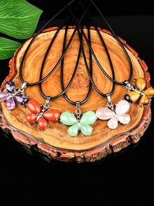 Natural Crystal Butterfly Pendant Necklace, Pink Quartz, Amethyst, Tiger Eye, Multicolor Options, Unique Niche Stone Accessory Gift - Butterfly Pendant - View 3