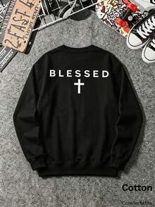 Autumn 's Crew Neck Pullover With Blessed Cross Print Long Sleeve Cotton Y2K - Black - View 3