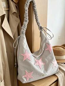 Tas Tote Satu Bahu Motif Patchwork Bintang, Desain Tali Berkerut, Tas Wanita Kasual yang Cerah, Cocok untuk Sekolah Sehari-hari, Belanja, Kencan, Perjalanan, dan Pakaian Modis. - Grey - View 4