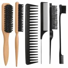 6PCS Boar Bristle Slick Back Hair Brush With Edge Brush Rat Tail Comb, Wide Tooth Comb For Men Women - Black - View 1