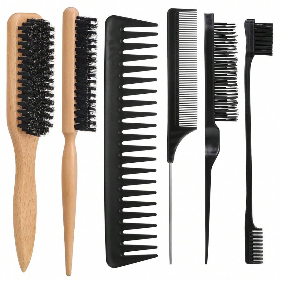 6PCS Boar Bristle Slick Back Hair Brush With Edge Brush Rat Tail Comb, Wide Tooth Comb For Men Women - Black - View 1