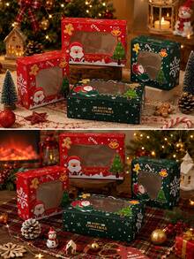 4pcs/12pcs/24pcs Christmas Window Gift Box Set, Xmas Santa Tree Kraft Treat Box With Transparent Window, Holiday Square Present Box,4 Designs Party Favor - View 4