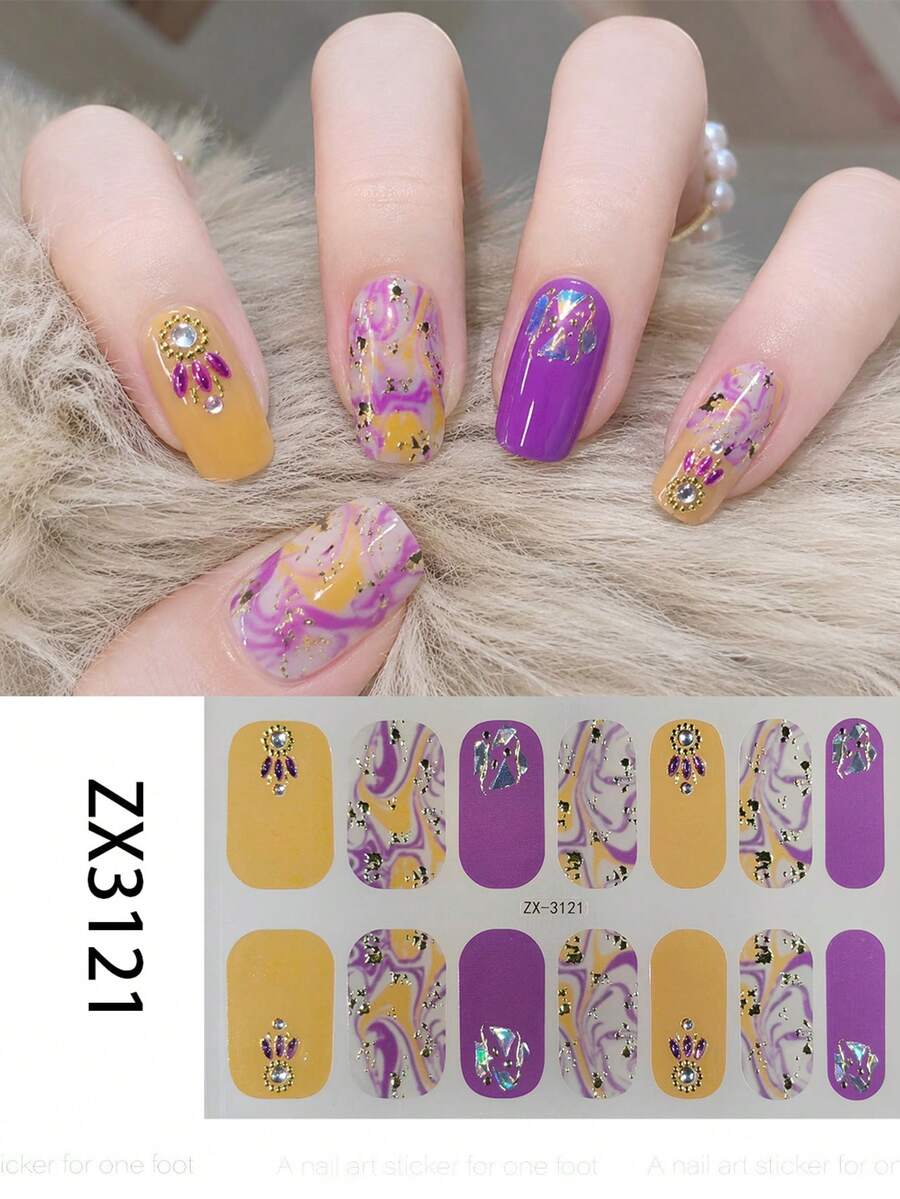 1 Sheet Full-Coverage Nail Stickers In A Unique, Sweet-And-Edgy Style. These Stickers Feature Solid Purple And Yellow Designs As Well As Purple-To-Red Gradient Designs, Accented With Various Rhinestones, And Are Perfect For Women And Girls.