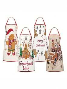 1/2/4pcs Christmas Gingerbread Apron, Filled With Festive Atmosphere. Suitable For Kitchen Cooking, A Great Item For Family Gatherings. Also Makes A Wonderful Gift For Friends. - Multicolor - View 2