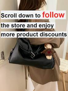 1pc Women's Solid Color PU Shoulder Bag, Large Capacity Crescent Bag With Strap Pendant, Suitable For Commuting, Shopping, Vacation And Travel - Black - View 2