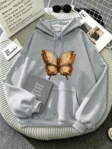 Plus-Size Women's Hoodie With Butterfly Book Creative Print, Drawstring Pockets, Casual Sports Style, Autumn And Winter Top, Everyday Wear. - Grey - View 1