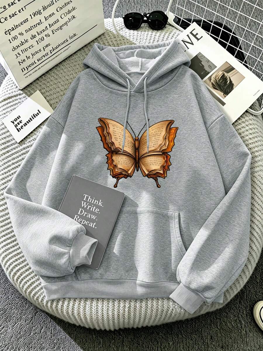 Plus-Size Women's Hoodie With Butterfly Book Creative Print, Drawstring Pockets, Casual Sports Style, Autumn And Winter Top, Everyday Wear. - Grey - View 1
