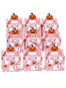 4/8/10/16/24pcs Halloween Paper Gift Boxes, Pink Happy Halloween Pumpkin & Ghost Pattern Rectangular Candy Boxes With Handles, Candy Cookie Snack Packaging Boxes, Suitable For Halloween Party Gifts, Trick Or Treat Supplies - Multicolor - View 6
