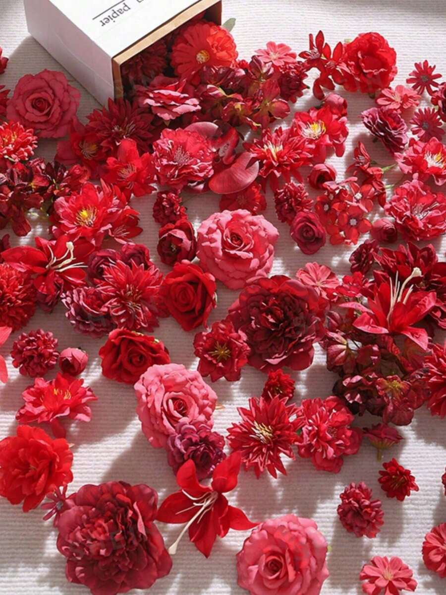 40pcs Red Burgundy Mixed Artificial Flower Heads, Stemless Fake Roses Peonies Lilies & Daisy Flowers For DIY Wedding Bouquets, Wreaths, Garlands, Table Centerpieces, Gift Box, Cake, Mirror, Candle Ring, Party Backdrop And Home Decor Floral Crafts - Red Series - View 1
