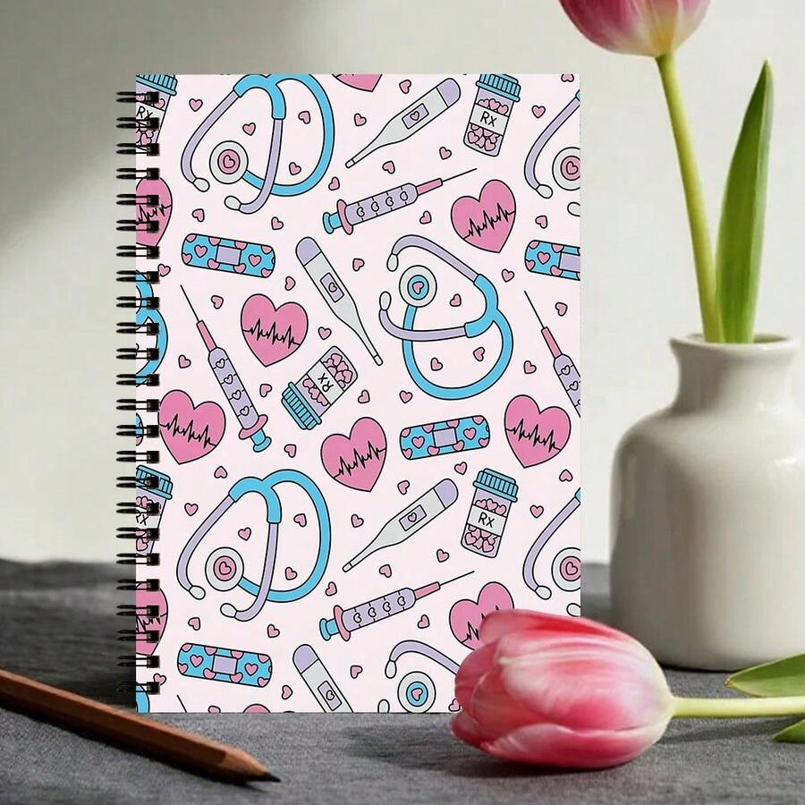 Cute Medical Theme, Nurse And Doctor Pattern, Spiral Notebook, A5 Size 14.5X21Cm, Pink And Blue Stethoscope Design, 30 Sheets (60 Pages) Clinical Study Journal, Perfect Gift For Nursing Students And Healthcare Workers - Rectangle - View 1