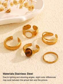 5pcs 18K Gold Plated Stainless Steel Fashionable Geometric Oval Open Rings, Suitable For Women's Daily Wear - Multicolor - View 4