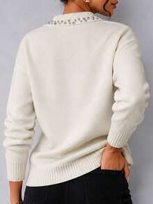 Plus Size Rhinestone V-Neck Knit Sweater, Long Sleeve Loose Elegant Pullover Top, Autumn/Winter Office Commute Blouse - Beige - View 5