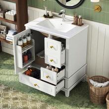 61 Cm Floor-Standing Bathroom Vanity, White Lacquer, With Three Drawers, Single Door With Shelves And Large Storage Space Under The Sink, Faucet Not Included - White - View 2