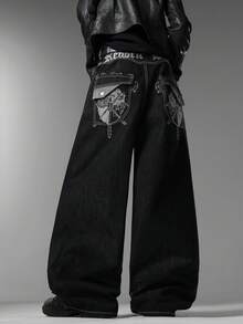 Men's American Brand Wide Leg Jeans, Retro Unique Embroidery Design, Fashion Daily All-Season Long Pants (No Belt & Accessories Included) - Black - View 3