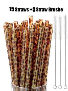 10/20pcs Reusable Leopard Print Plastic Straws With 1/2pcs Cleaning Brush, Suitable For Women's Water Cups, Fit For Birthday Party Drinking - Multicolor - View 15