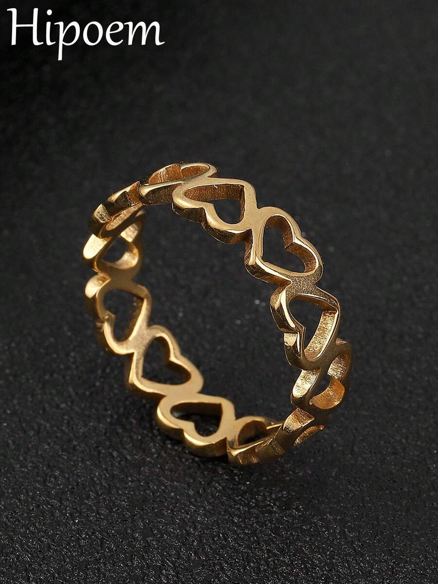 1pc Heart Design Ring, Stainless Steel Jewelry Valentines,Mom,Mother,Mother's Day,Gift - Gold - View 1