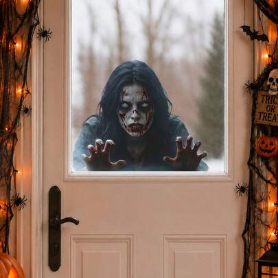 Scary Halloween Window Decal Sticker, Creepy Zombie Girl Horror Window Cling With Ghost Effect, Haunted House Party Decoration, Spooky Glass Door Window Decor, Halloween Home Decoration