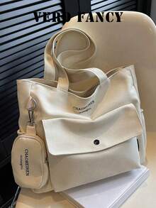 Vintage Style Underarm Bag Large Capacity Canvas Crossbody Bag Multifunctional Commuter Tote Bag Casual Versatile Suitable For Students Work Commute Moms Outings - Beige - View 2