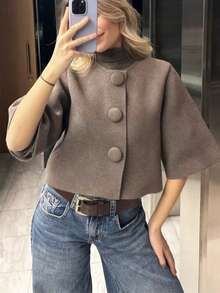 Women's Elegant Mid-Sleeve Knit Cardigan, Autumn Style - Camel - View 1