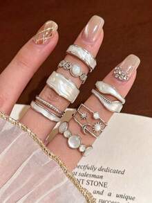 8pcs Bohemian Vacation Style Oil-Drip Geometric Sun Ring Set, Sweet Cool Girl Ins Alloy Stackable Rings, Holiday Gift, Beach Vacation, Birthday Gift Exquisite Jewelry - Silver - View 1