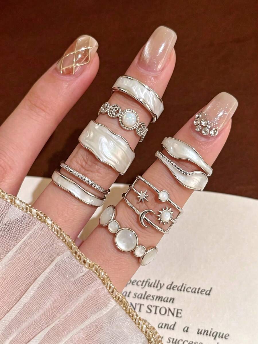 8pcs Bohemian Vacation Style Oil-Drip Geometric Sun Ring Set, Sweet Cool Girl Ins Alloy Stackable Rings, Holiday Gift, Beach Vacation, Birthday Gift Exquisite Jewelry - Silver - View 1