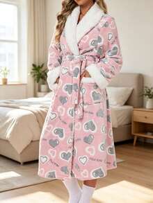 1pc Women's Flannel Heart Print Long Sleeve Hooded Tie Bathrobe Loungewear - Pink - View 1
