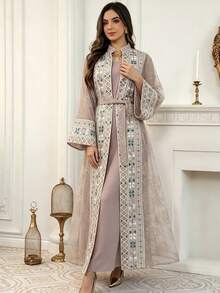 2件組 Abaya 套裝，中式立領亮片幾何刺繡開襟外套 + 內搭洋裝，杜拜摩洛哥卡夫坦風，開齋節派對穆斯林女性優雅套裝 - 粉色 - 查看 4
