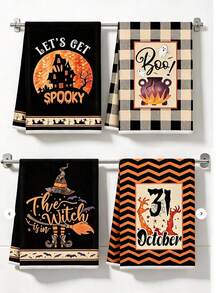 4/6/12 Pcs Halloween Pumpkin Gothic Kitchen Towels, Spooky Skeleton Dish Hand Towels Pumpkin Bat Kitchen Dish Towels For Halloween Bathroom Decor - Black - View 7