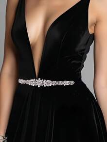 1pc Bridal Wedding Dress Belt, Affordable Rhinestone Waist Belt, Handmade Royal Belt, Halloween Holiday Accessory - Black - View 8