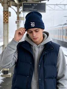 1pc Unisex Outdoor Warm Solid Color Ribbed Knitted Beanie Hat With Gothic A‑Z Letter Print,Edgy Cozy Versatile Fall Winter Headwear For Concert Events - Navy Blue - View 3