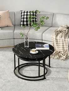 Stackable Marble Table With Metal Frame, Living Room Coffee Table With Sturdy Frame & Embedded Marble Surface, Movable & Space-Saving, Great Side Table For Living Room, Bedroom, Balcony And Terrace, One Random Floor Mat Included - Multicolor - View 9
