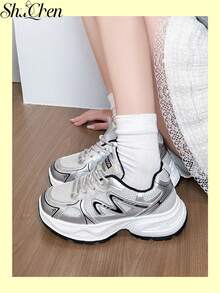 1 Pair Fashionable Retro Y2K Women's Thick Sole Casual Sports Shoes, Suitable For Commuting And Running, Thick Sole Sneakers - Black - View 5