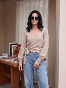 Women's Solid Color V-Neck Tie-Front Knit Sweater, Minimalist Fashion Open Front Design, Suitable For Autumn/Winter - Camel - View 5