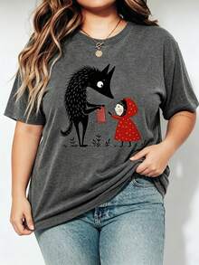 Plus Size Women's Retro Little Red Riding Hood & Big Bad Wolf T-Shirt - Oversized Fit Short Sleeve Top With Dark Gray Graphic Print, Round Neck Tee With Vintage Fairy Tale Pattern, Suitable For Party And Casual Wear Summer - Grey - View 3