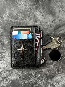 Multi Card Slots PU Card Holder With Metal Star,Multi Card Slots Zipper Coin Pocket,Fashionable Card Wallet Coin Purse,Unisex Mini Wallet,For Daily - Multicolor - View 5