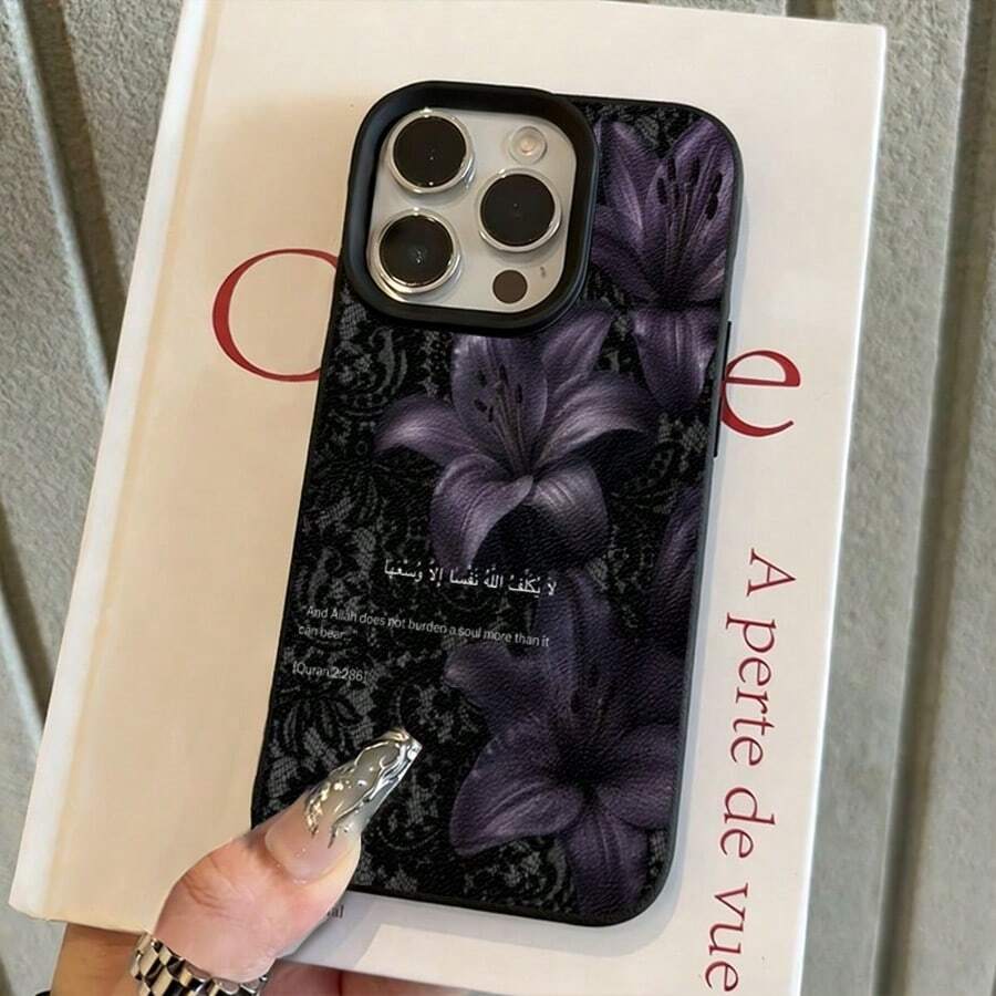 1pc TPU Material Mysterious Lace Dark Pattern Purple Lily Scripture Design Phone Case Suitable For IPhone 17 Pro Max/17/16 Pro Max/15/13/12/11/ S20 FE/A15/S24/A55/ Note 11/Note 12/Note 13 Pro Full Coverage Anti-Fall Soft Shell Phone Protective Cover - Black - View 1