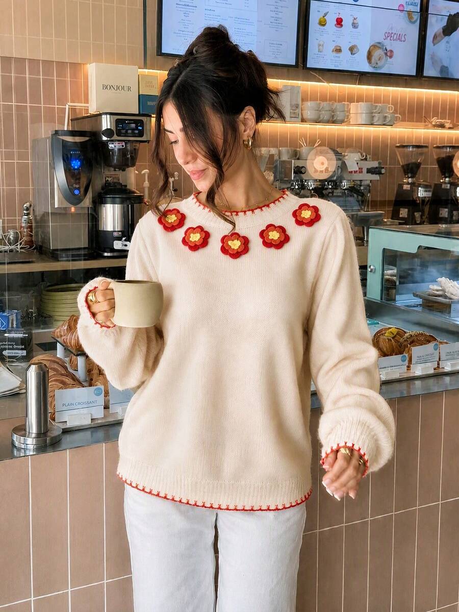 Sweater Pullover Lengan Panjang Wanita yang Elegan Warna Krem dengan Aksen Mawar Merah 3D, Panjang Reguler dan Kain Lembut Sedikit Elastis untuk Musim Dingin. Atasan - MultiWarna - View 1