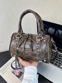 Dedoo 女款波士頓手提包，復古紋理，PU皮革，鉚釘拉鍊流蘇細節，斜跨包，復古龐克風，適合女士秋冬日常穿搭 - 咖啡 - 查看 4