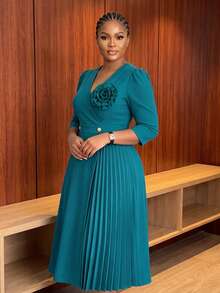 NOU Women's Mid-Length Dress, Basic V-Neck With Puffed Shoulders And 3/4 Sleeves, Large 3D Floral Decor On Chest With Pleated Design, Cinched Waist With Pearl Button Detail, Visual Slimming Effect, A-Line Skirt, Elastic Fabric For Comfortable And Unrestricted Fit, Versatile Basic Style, Suitable For Work, Commute, Office And Daily Wear - Teal Blue - View 2