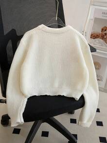 Girls' Sweet Heart & Smiling Face Plush Applique Embroidered Crew Neck Long Sleeve Knit Sweater, Chunky Texture, Cute Casual Versatile Pullover, Short Length, Suitable For Daily Wear, School, Spring, Autumn, Winter - Apricot - View 2