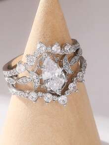 3pcs Set Exquisite Luxury Sparkling Teardrop Shaped Women's Rings, Suitable For Various Occasions, Ideal Holiday Gift - Silver - View 3