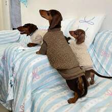 Set Pakaian Hewan Peliharaan Musim Gugur/Dingin 2 Potong, Sweater Rajut & Rompi Bulu, Set Hangat untuk Anjing Dachshund dan Anjing Kecil - Coffee Brown - View 4