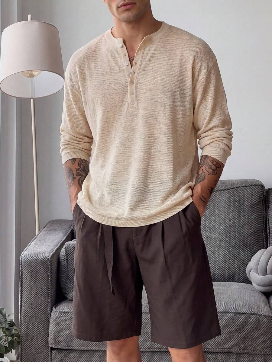Men Autumn‑Winter Henley Neck Knit Sweater, Button Placket Long Sleeve Relaxed Jumper, Old Money Style For Holiday Festival Daily Wear - Apricot - View 1